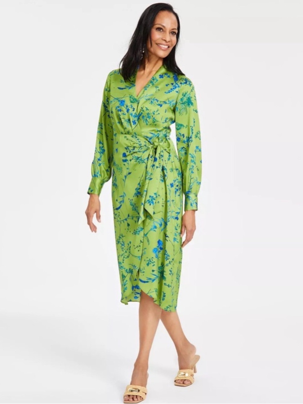 INC International Concepts Green Satin Midi Wrap Dress Women's Size XL
